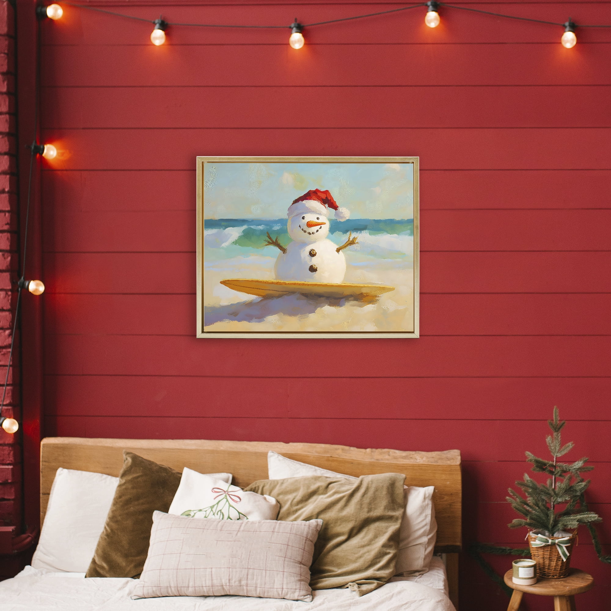 Stupell Industries Surfer Snowman on Beach Gold Framed Floater Canvas Wall Art, design by The Prints Vibe