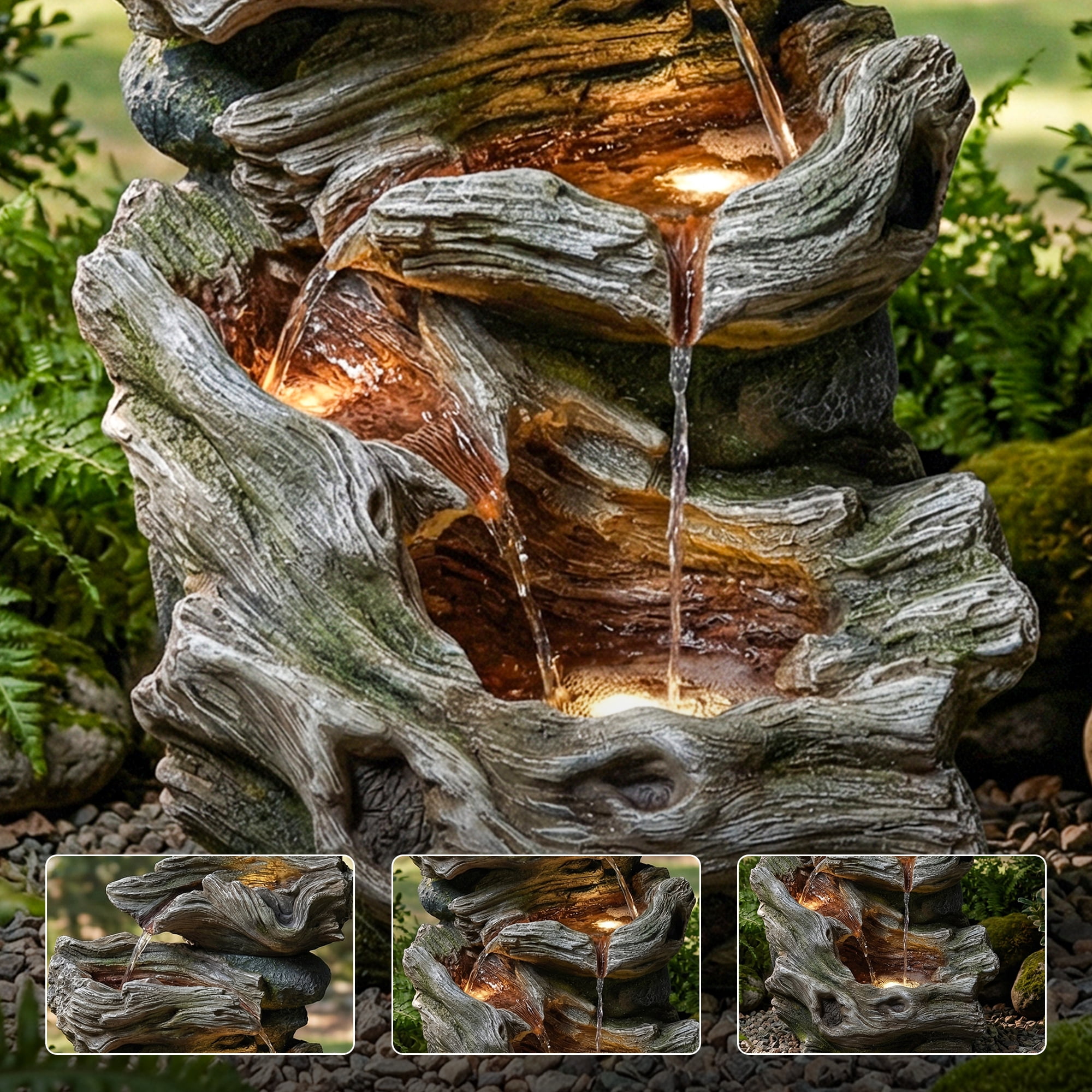 VBAL 30"H Outdoor Freestanding 5-Tier Cascading Rock Resin Water Fountain, Warm LED Light and Pump, Stone Imitation, Outdoor Water Feature for Garden, Patio, Yard, Deck, Porch, Lawn, Gray&White