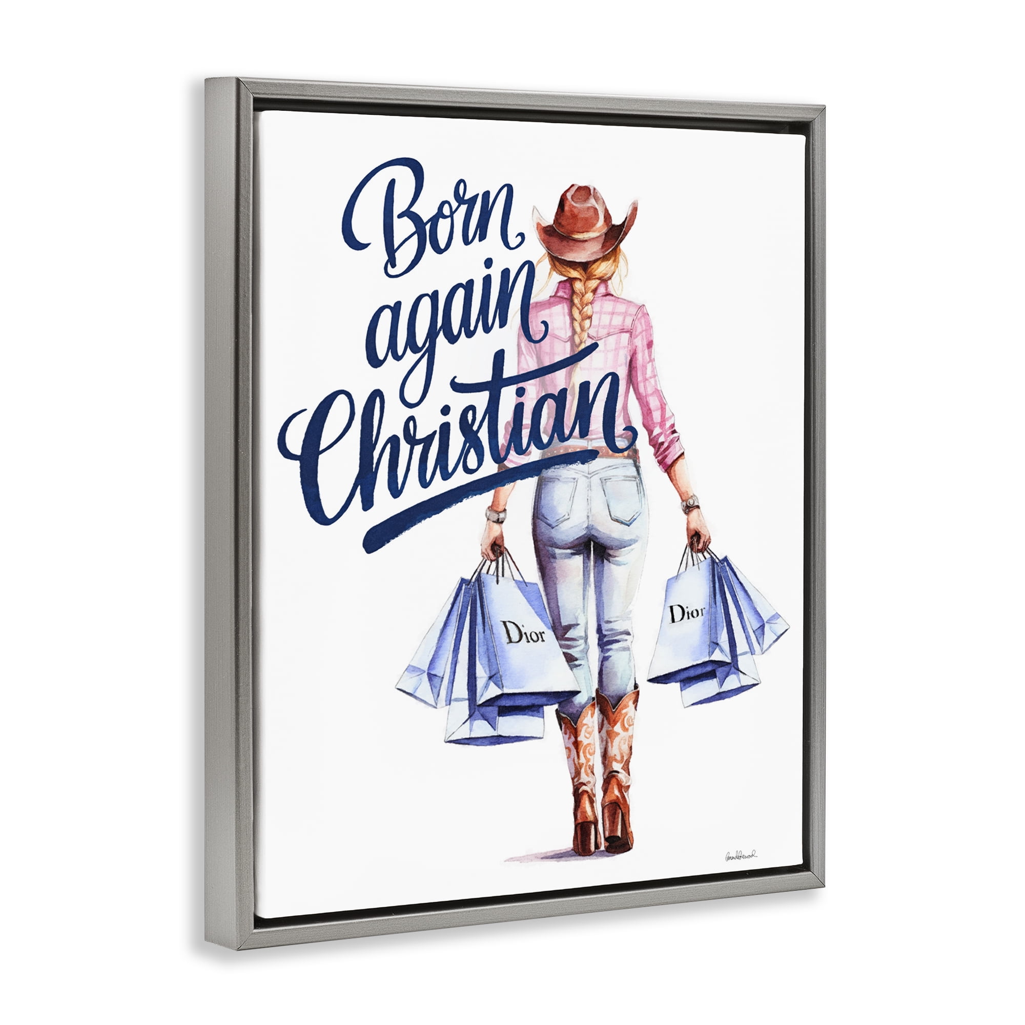 Born Again Christian Cowgirl Gray Framed Floater Canvas Wall Art, design by Amanda Greenwood