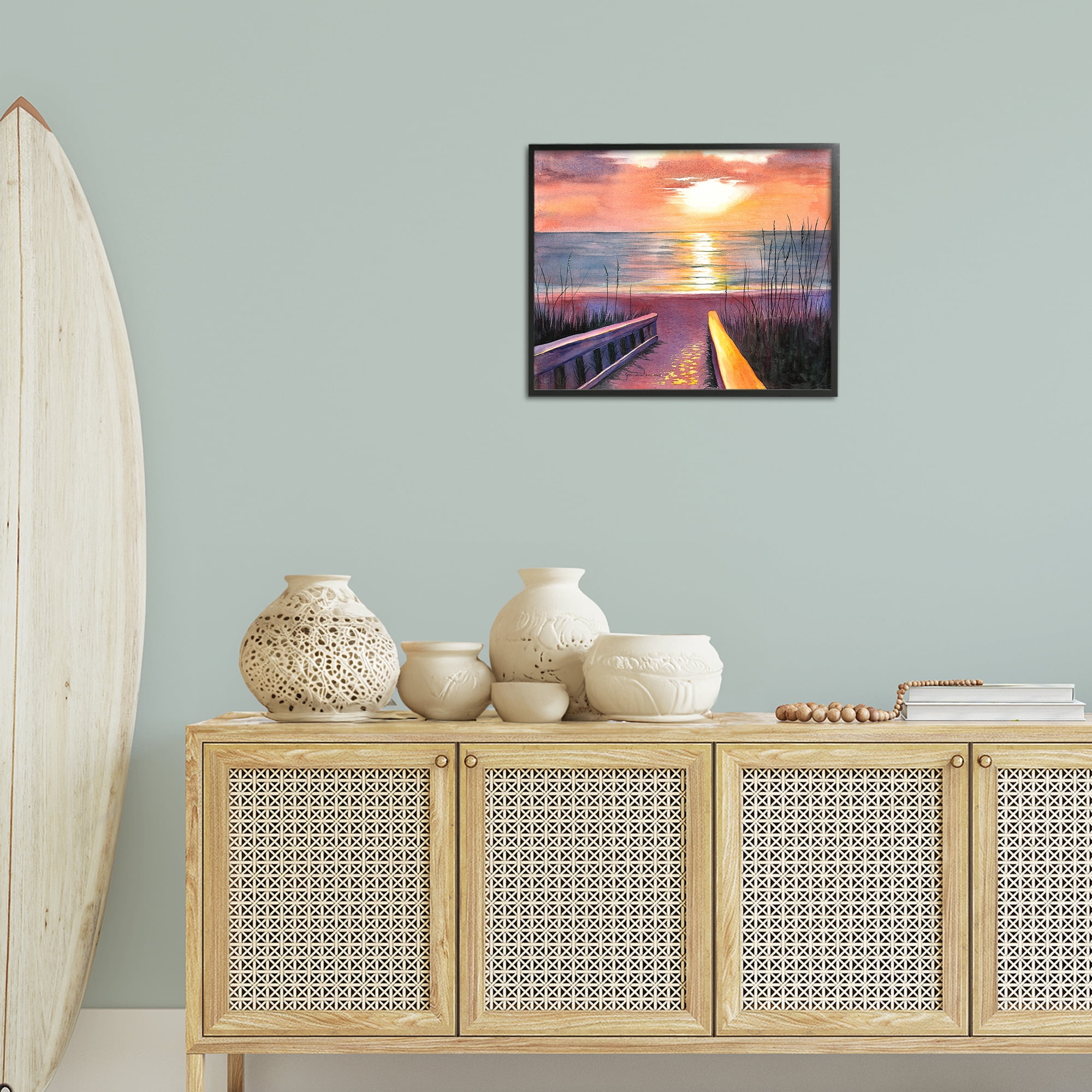 Stupell Industries Sea Sunset Reflection Landscape Painting Black Framed Art Print Wall Art, 20 x 16