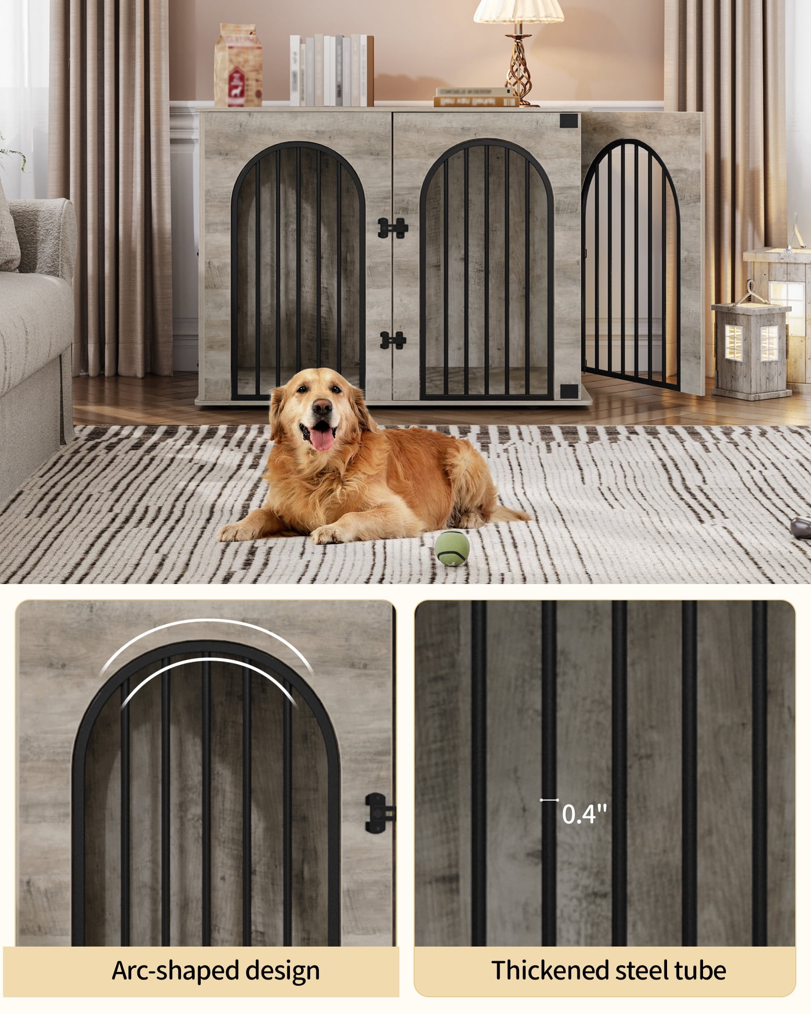 44.1" Dog Crate Furniture, 3 Door Wooden Dog Crate Furniture for Small/Medium/Large Dog,Greige Black