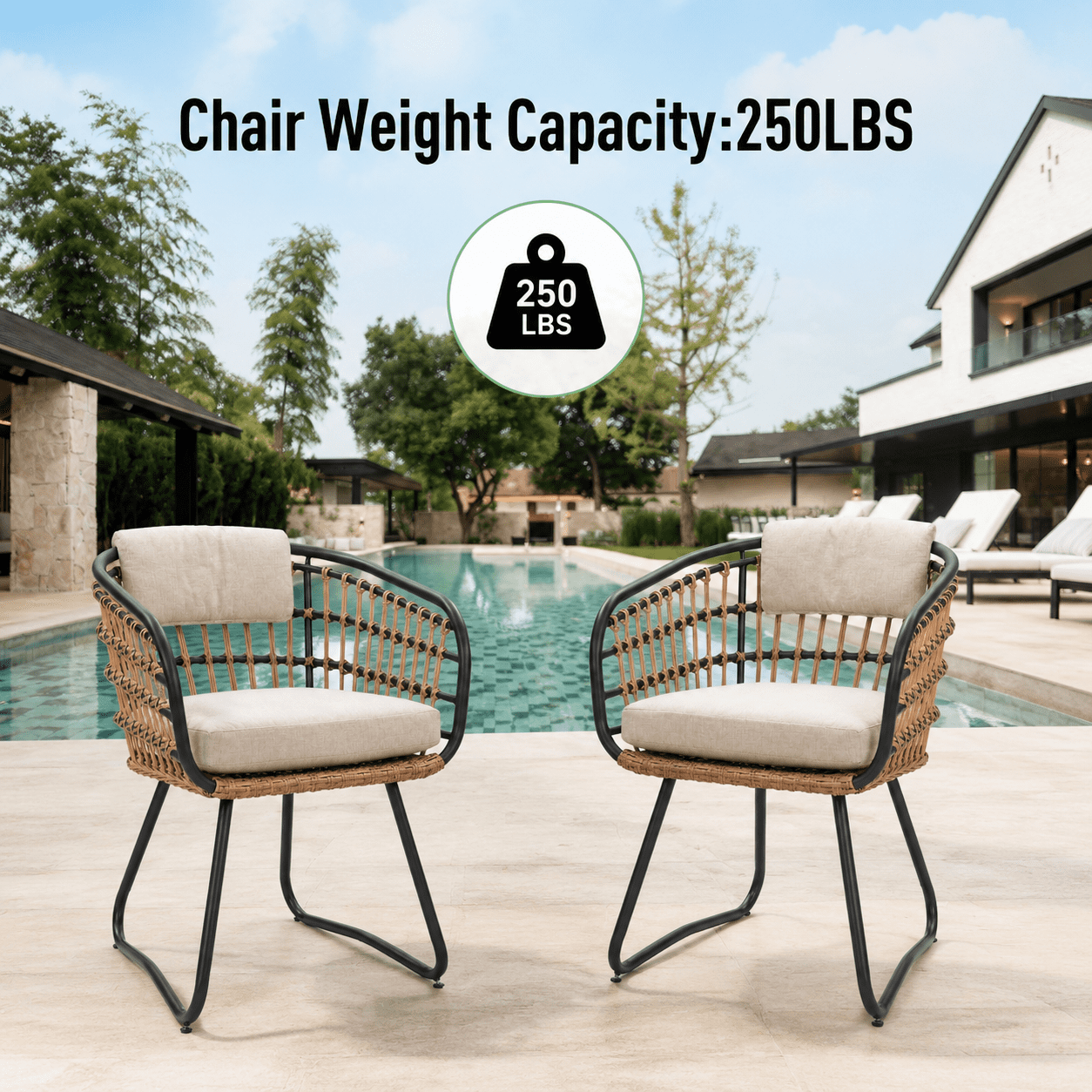 HOQBN Outdoor Dining Chairs Set of 2 with Cushions,All-Weather Rattan Wicker Dining Armchairs for Lawn, Garden, Poolside, Backyard,Beige