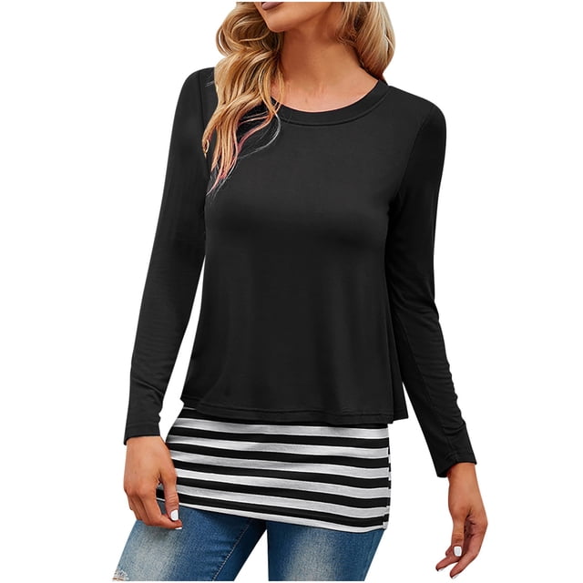 RXIRUCGD T-shirt à Col Rond Extensible Ample à Rayures Patchwork pour Femme, Noir, Taille : 3TG