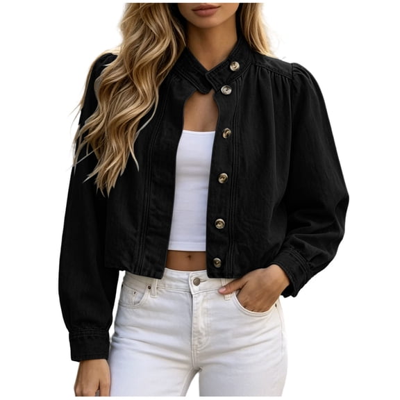 Edvintorg Coats for Women Fall Button Down Jacket Long Sleeve Casual Cropped Outerwear Fashion Clothing Womens Black S