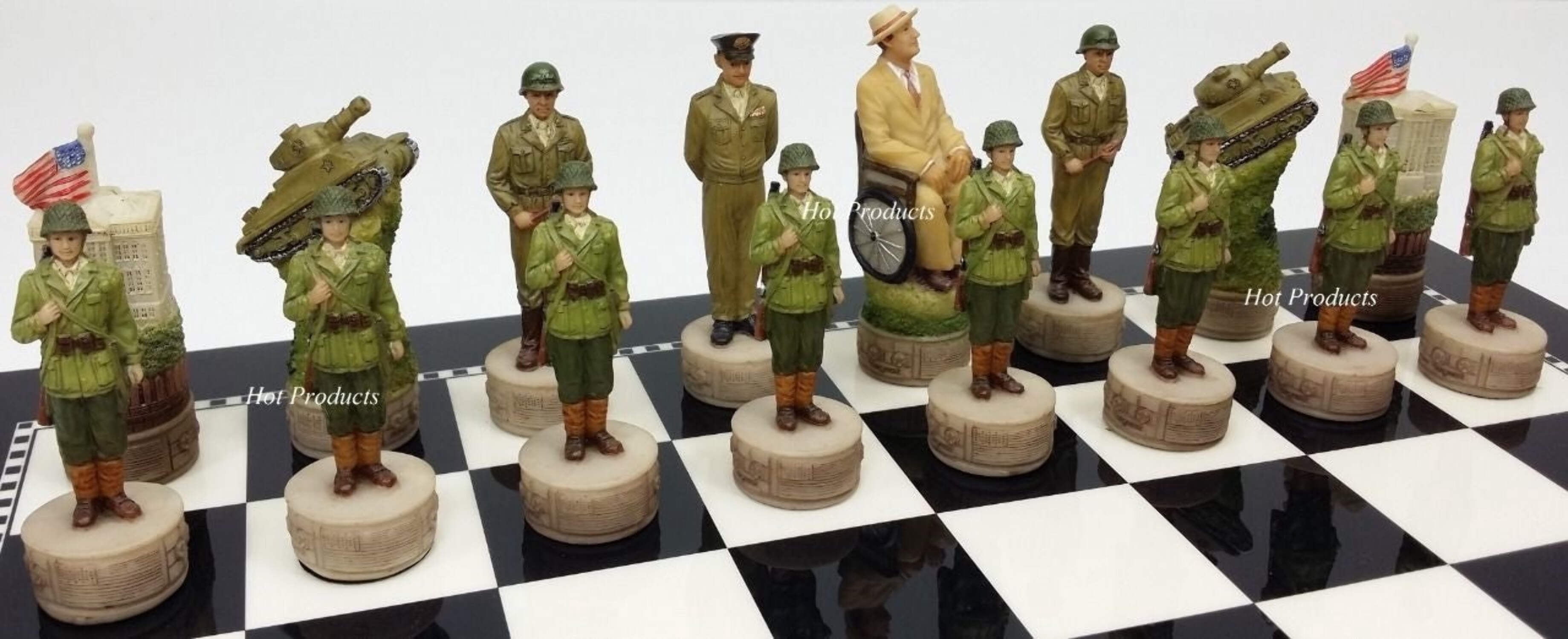 World War 2 US GERMANY Chess Set W/ 15" BLACK  WHITE GLOSS BOARD WW2
