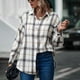thumbnail image 5 of Blusa de camisa a cuadros con botones largos y cuello de manga larga para mujer (beige), 5 of 5