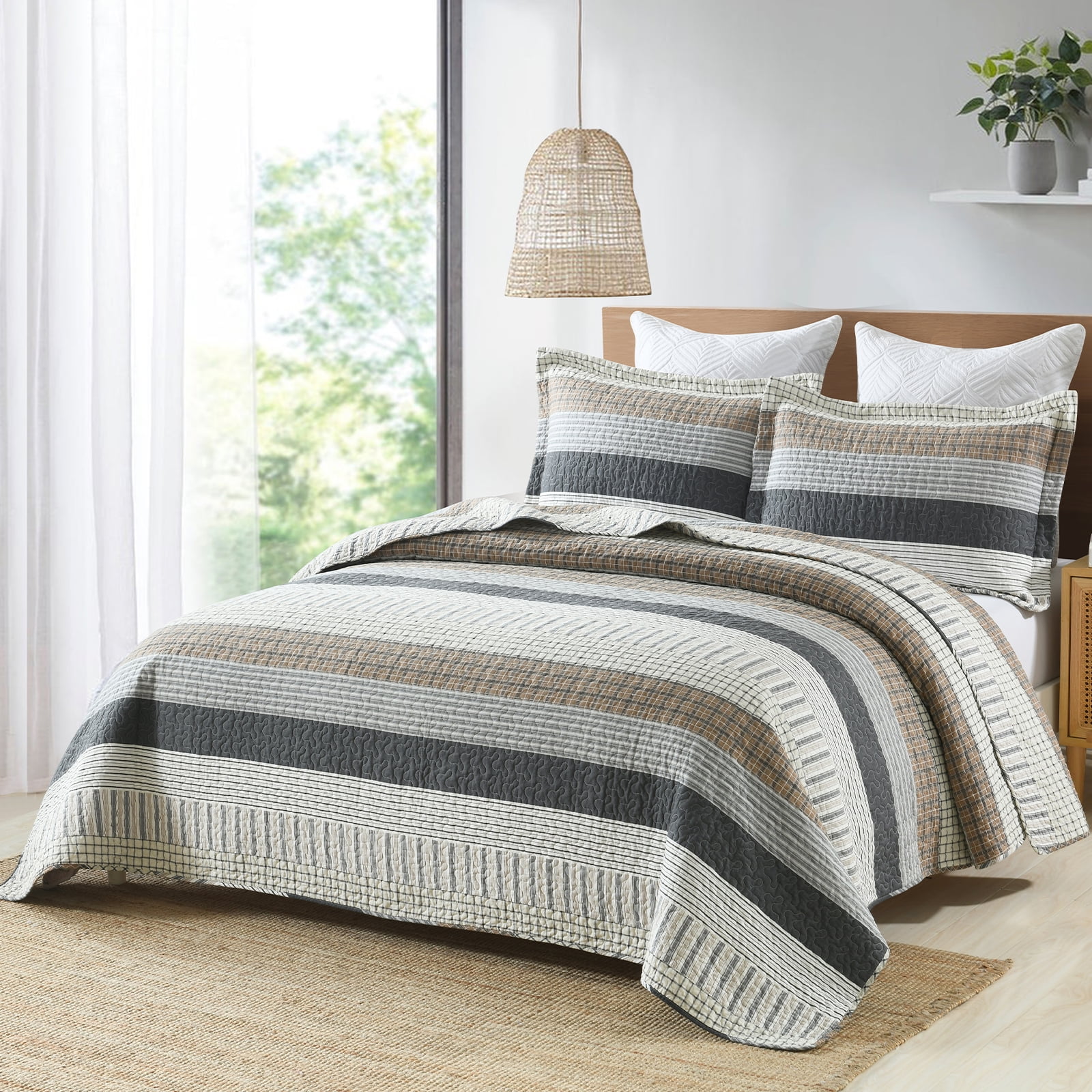 DDUOXIN 100% Cotton King Quilts - Lightweight Gray Brown Striped King Quilt for Bed Set, Modern Neutral Reversible King Size Bedspread, Farmhouse Coverlet/Bedding Set/Comforter with 2 Pillow Shams