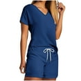 thumbnail image 2 of Viluyesy V-Neck T-Shirt and Shorts Set for Womens Solid Color Tops Elastic Waist Short Pants Shirt and Shorts Sets Two PC Blue Size S, 2 of 5