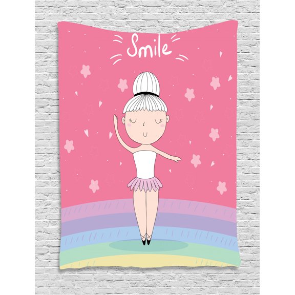 Kids Girls Tapestry, Hand Drawn Little Ballerina Girl Doing Pique Turns on a Rainbow Colored Stage, Wall Hanging for Bedroom Living Room Dorm Decor, 60W X 80L Inches, Multicolor, by Ambesonne