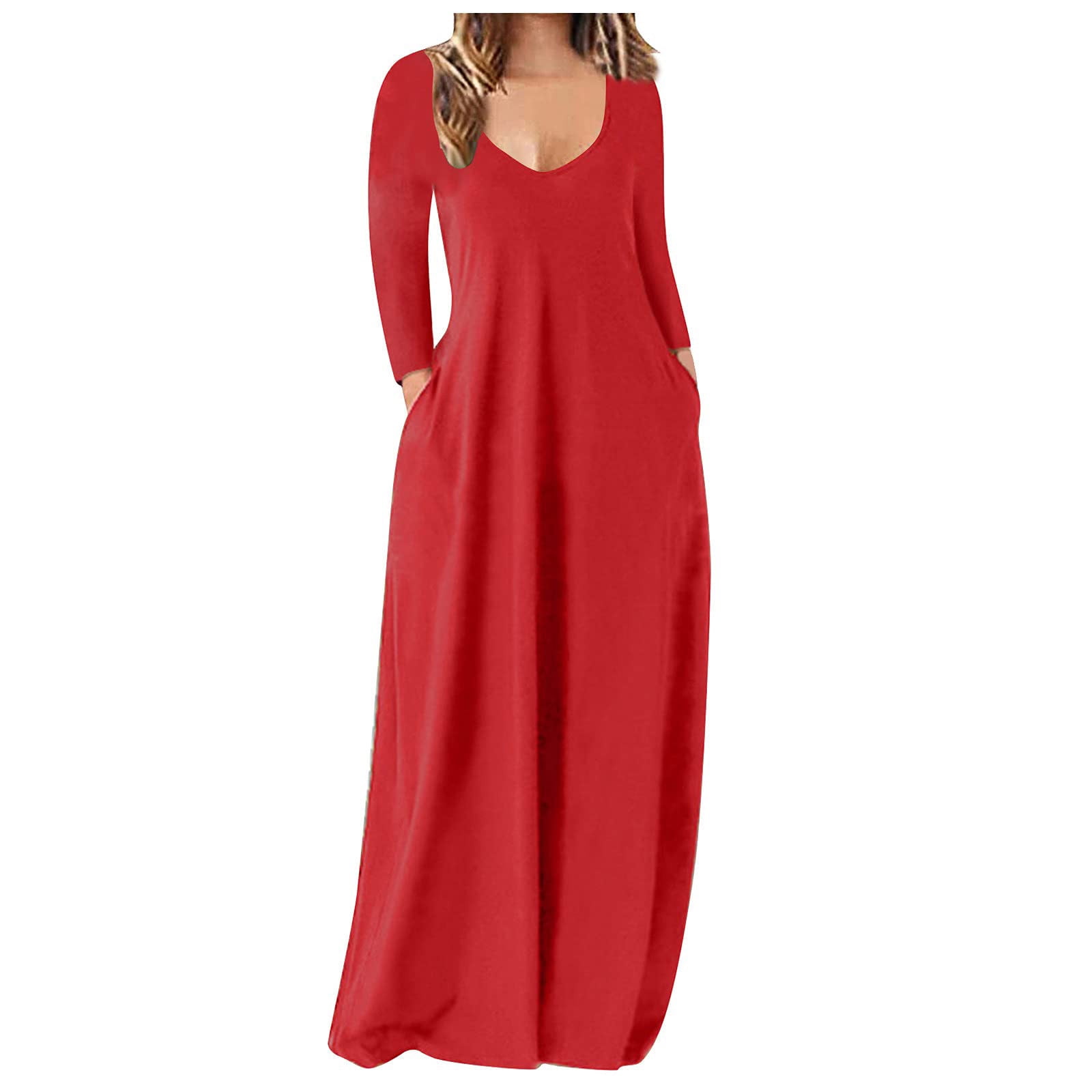 Zanvin Women Casual Plus Size Solid Crewneck Pockets Long Sleeve Maxi Long Dress Holiday Dress Gifts Clearance Sale Red