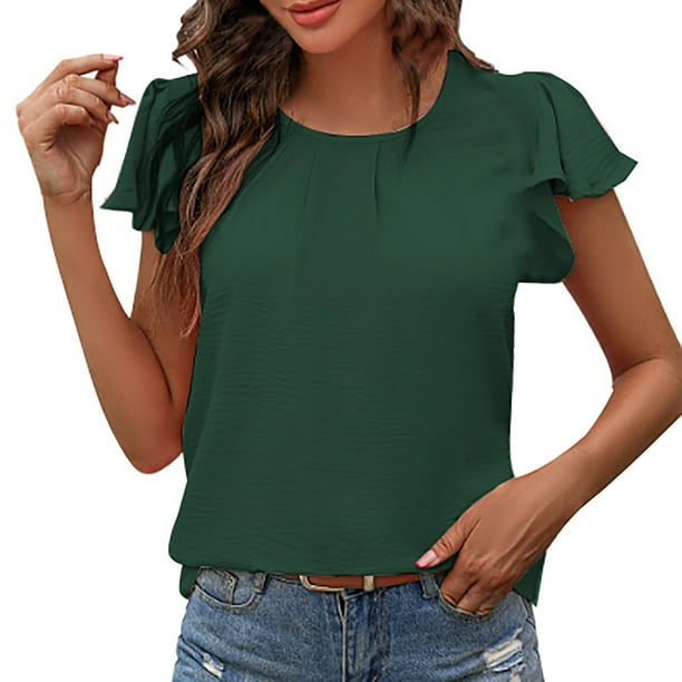 Gibobby Blusa Casual de Mujer Camisa casual manga corta plisada con cuello redondo para mujer(Verde,M)