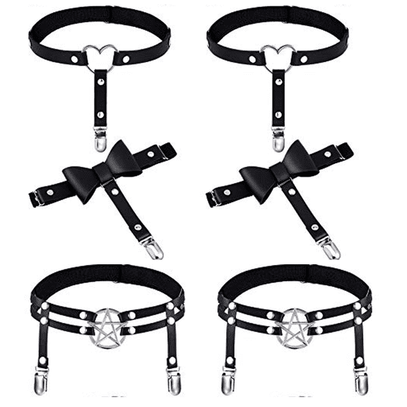 6 Pcs Thigh High Garter Belt Heart Star Shaped Butterfly Knot Punk Leg Garter with Anti Slip Clips Elastic Punk Gothic Adjustable Thigh Ring for Women