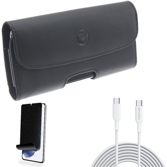 For Samsung Galaxy S21 (6.2") - PD Fast Charger Cord 10ft Long Type-C Cable   Holster Leather Case Belt Clip   [Fingerprint Works] TPU Film Privacy Screen Protector