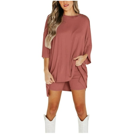 Tiqkatyck Outfits Sets Clearance  Women 2 Piece Outfit Set Casual Oversized T Shirt Tops Shorts Workout Sports Tracksuit Shorts Sets Women 2 Piece Outfits Pink XXXL