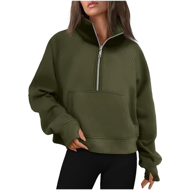 Chandail à Col Rond Femme Automne Hiver Uni Doublé en Molleton Quart de Fermeture Éclair Col Montant Chandail de Base à Enfiler avec Poche avant Chandail Femme Vert m