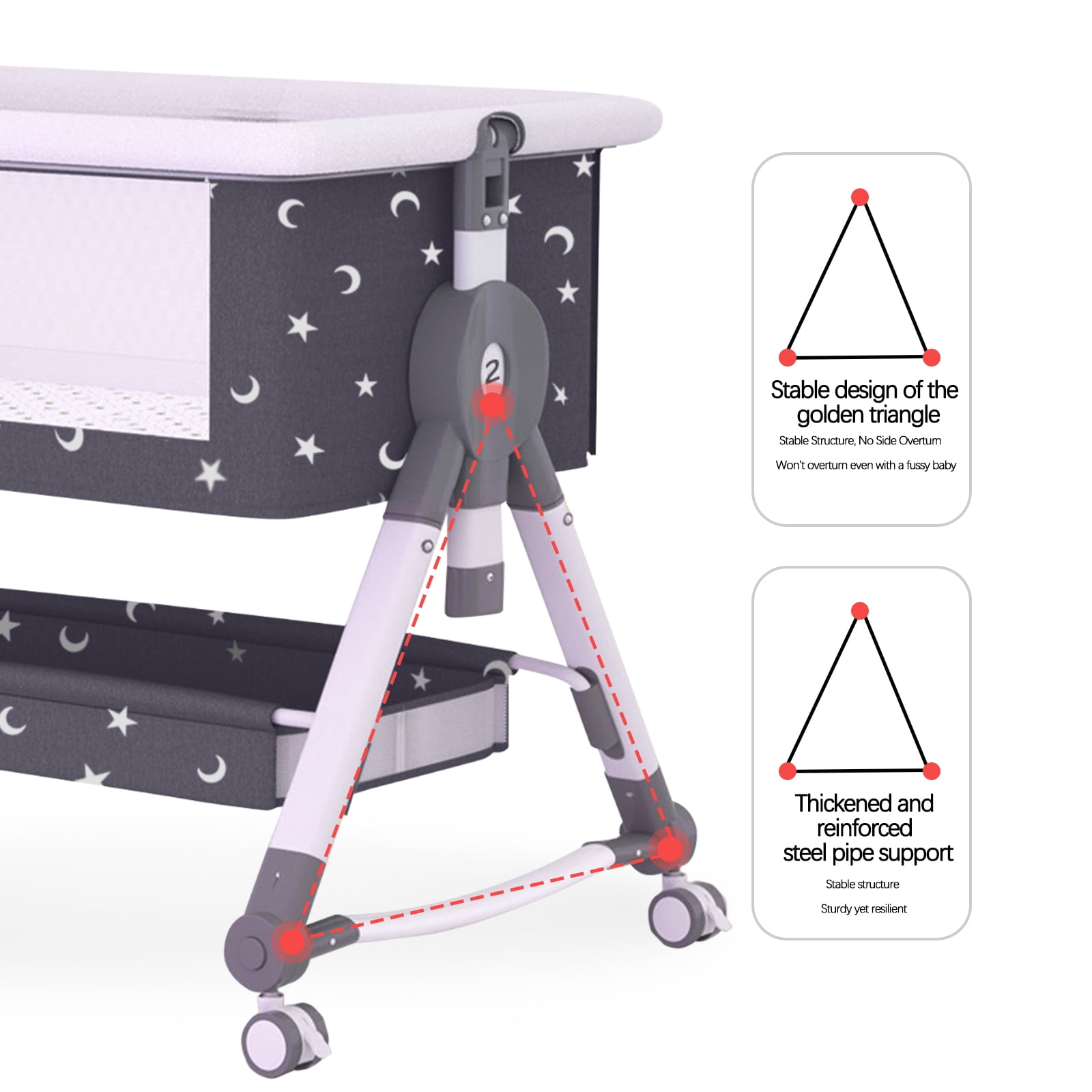 StarZe Baby Bassinet with Mosquito Net and Storage Rack,Silent Wheels,Adjustable Height,Black.