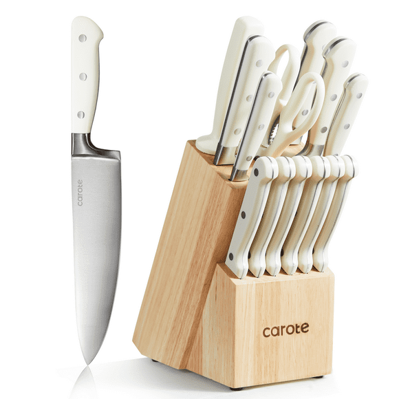 CAROTE 14PCS Knife Set with Wooden Block Stainless Steel Knives with Ergonomic Handle, Forged, White