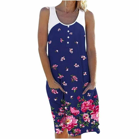 

asdoklhq Maternity Dress Women s Casual Summer Tank Sleeveless Knee Length Pleated Sun Dresses With Poket Print Dress