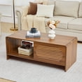 thumbnail image 3 of Wirrytor Walnut 43.3" Coffee Table With Sliding Door, Mid-Century Modern Coffee Table With Double-Sided Storage, Curved Edge Living Room Table With Sturdy Legs, 3 of 10