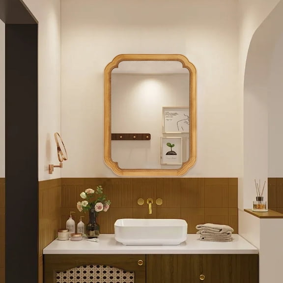 GDF Studio 23.82" Wood Framed Wall-Mounted Mirror Cabinet with Storage, Beaded Trim Medicine Cabinet, Modern, Natural