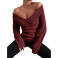 thumbnail image 4 of Baqcunre Sweaters For Women Women's Fall And Winter Solid Color V Neck Comfort Fit Knit Off The Shoulder Casual Pullover Sweater Hoodies For Women Fall Outfits Women Trendy Wine S, 4 of 8