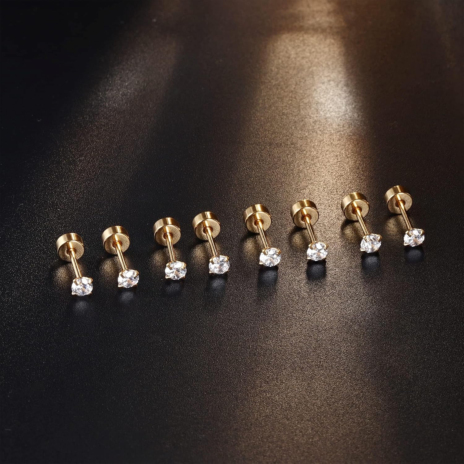 8 Pairs 316L Top Surgical Steel Stud Earrings, 14K Gold Electroplated with Cubic Zirconia, Flat Back Gold Earrings, Hypoallergenic Cartilage Piercing Jewelry for Women and Men[n004]