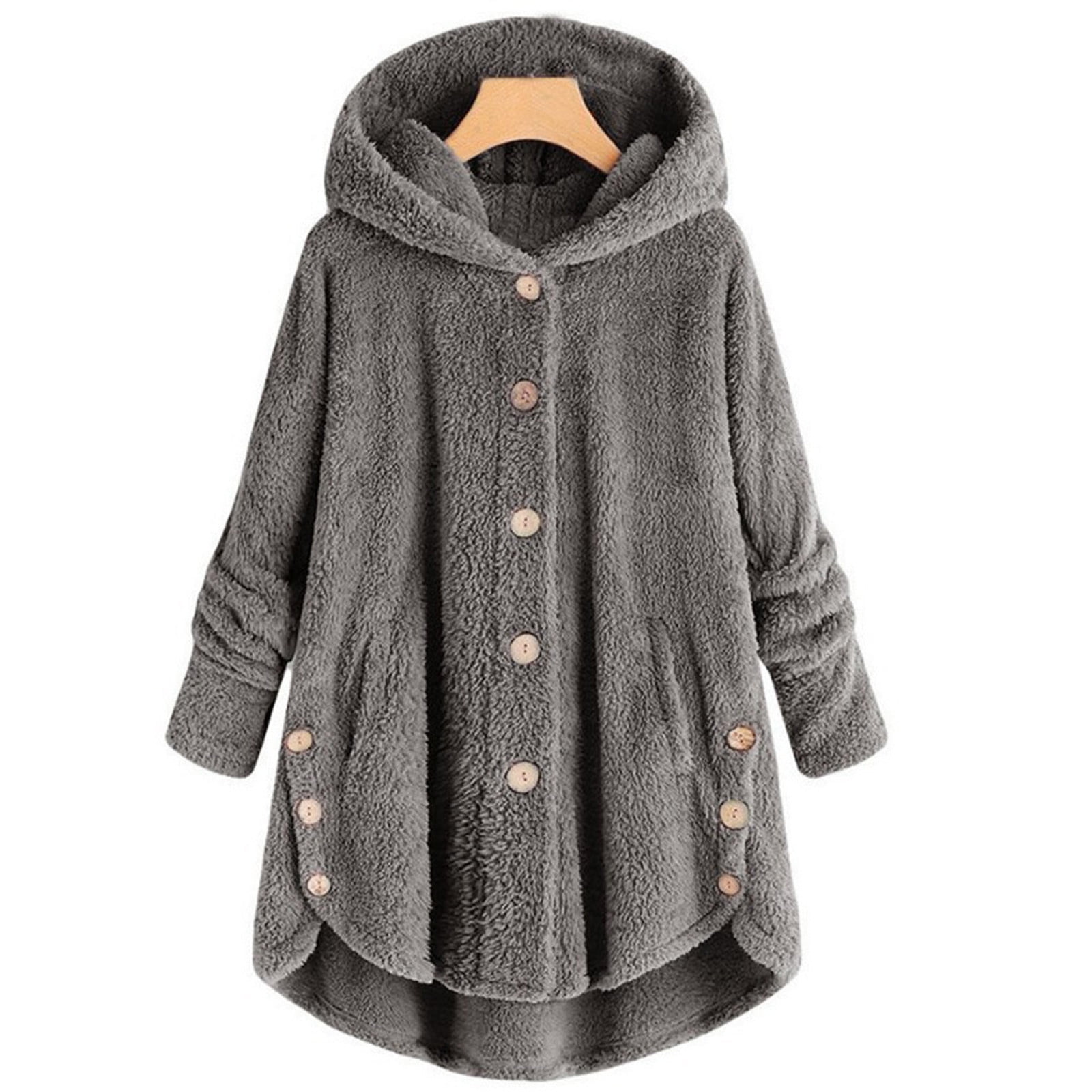 Winter Coats for Women with Hooded Plus Size S-5X Fleece Casual Long Sleeve Button Up Jackets Solid Warm Wool Irregular Hem Outerwear