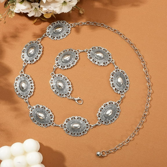 Monebena Women Concho Chain Belt Western Cowgirl Turquoise Metal Chain Belt for Dress