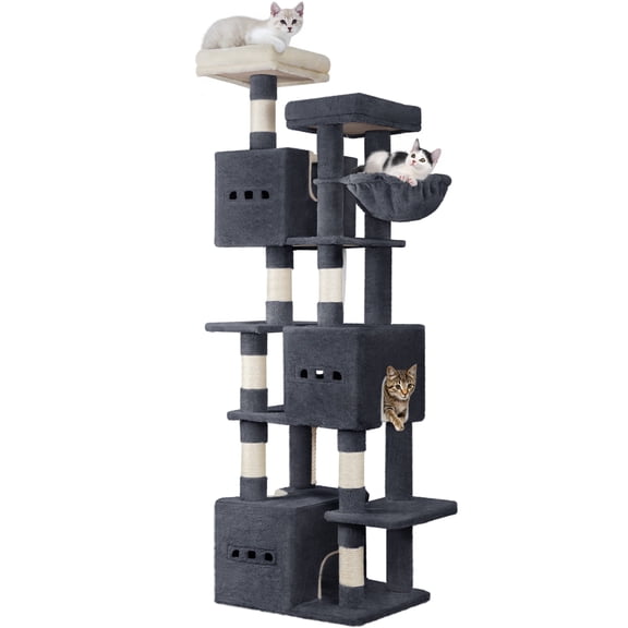 76" Cat Tree for Indoor, Large Multi-Level Activity Center with Scratching Posts, Condos, Basket & Caves, Dark Grey