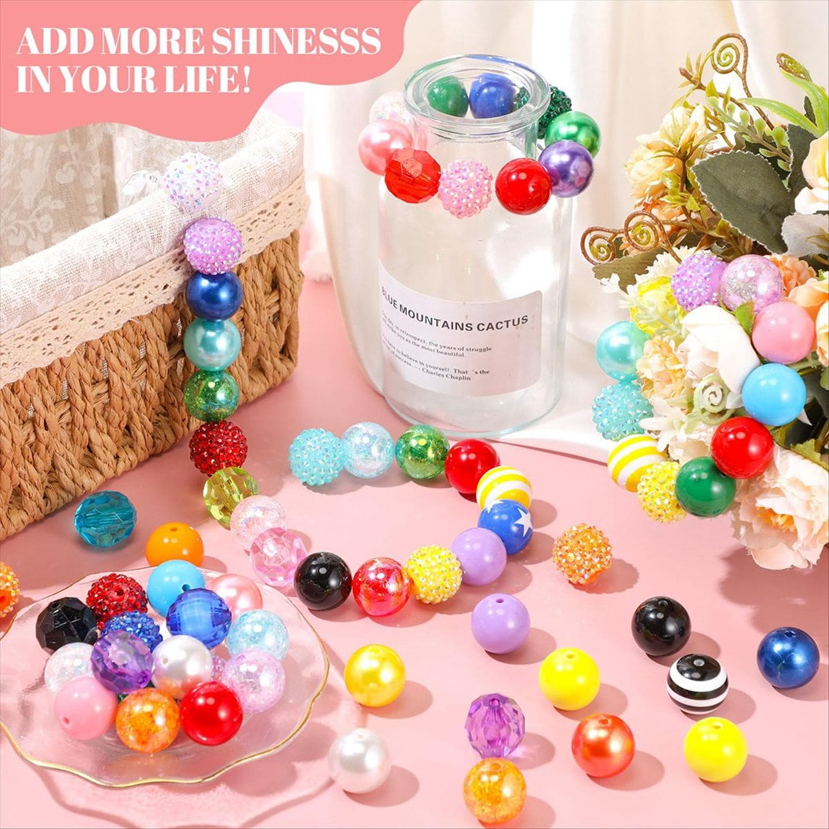 100 Pcs 20mm Beads for Pens Rhinestone Bubblegum Beadable Keychains DIY Craft Pen Jewelry Making