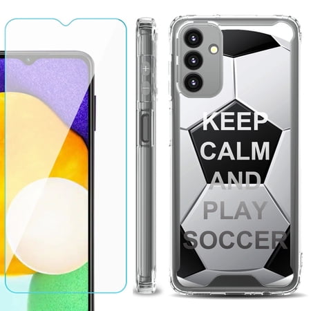 Shockproof Bumper Phone Case for Samsung Galaxy A13 5G with Tempered Glass Screen Protector by OneToughShield ® - Keep Calm Soccer