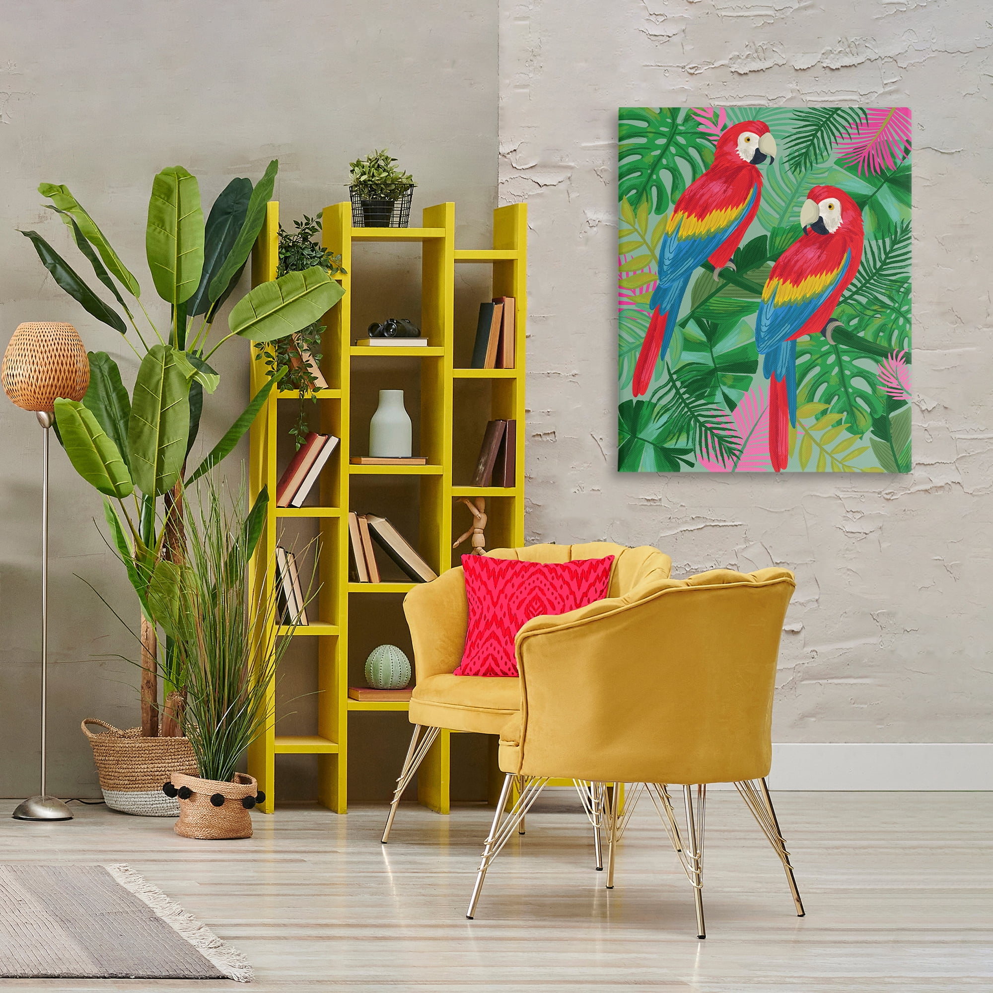 Stupell Industries Pink Paradise Parrots Animals Painting Wrapped Canvas Art Print Wall Art, 30 x 40