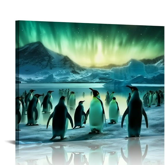 COMIO   Aurora Wall Art Penguin Pictures Prints on Canvas Green Aurora Borealis Painting for Kids Bedroom Bathroom Wall Decor