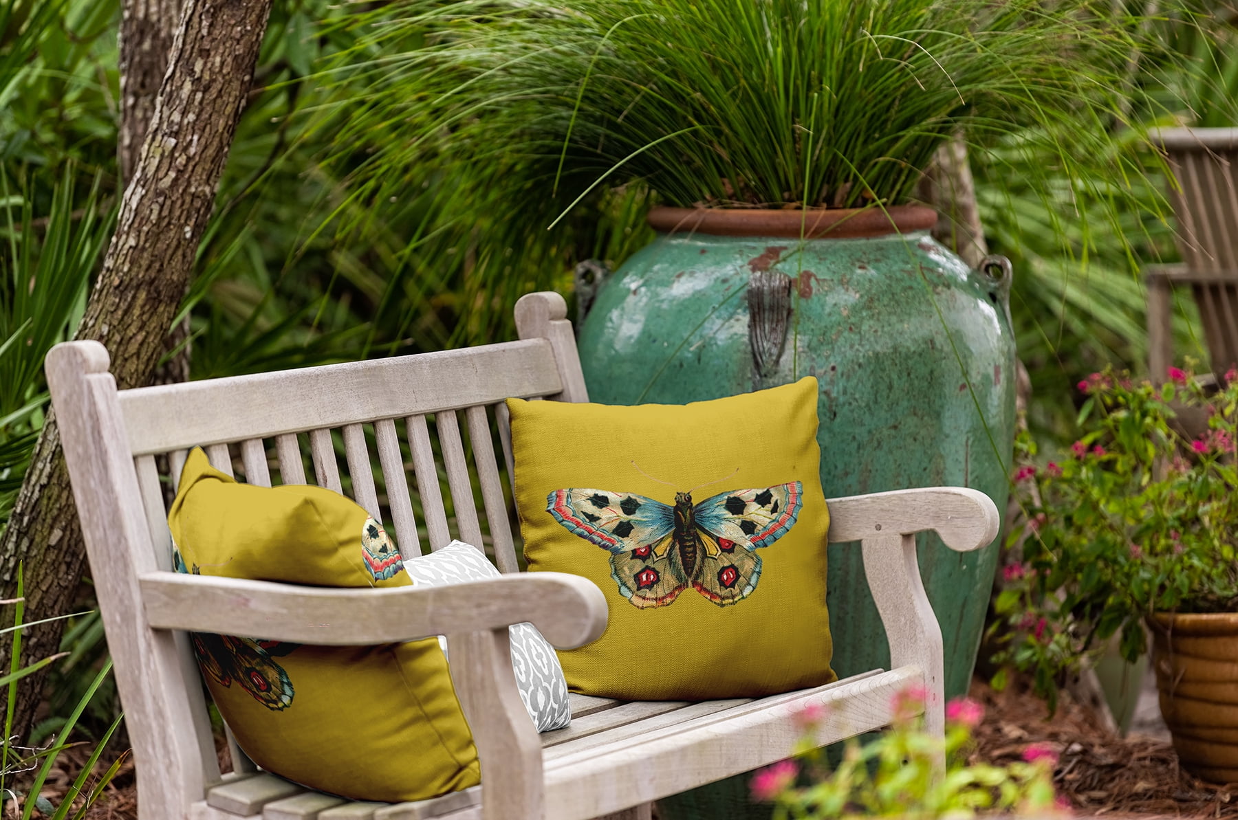 20" x 20" Simply Daisy Brush foot Butterfly Indoor/Outdoor Pillow, Mustard Yellow Qty 1