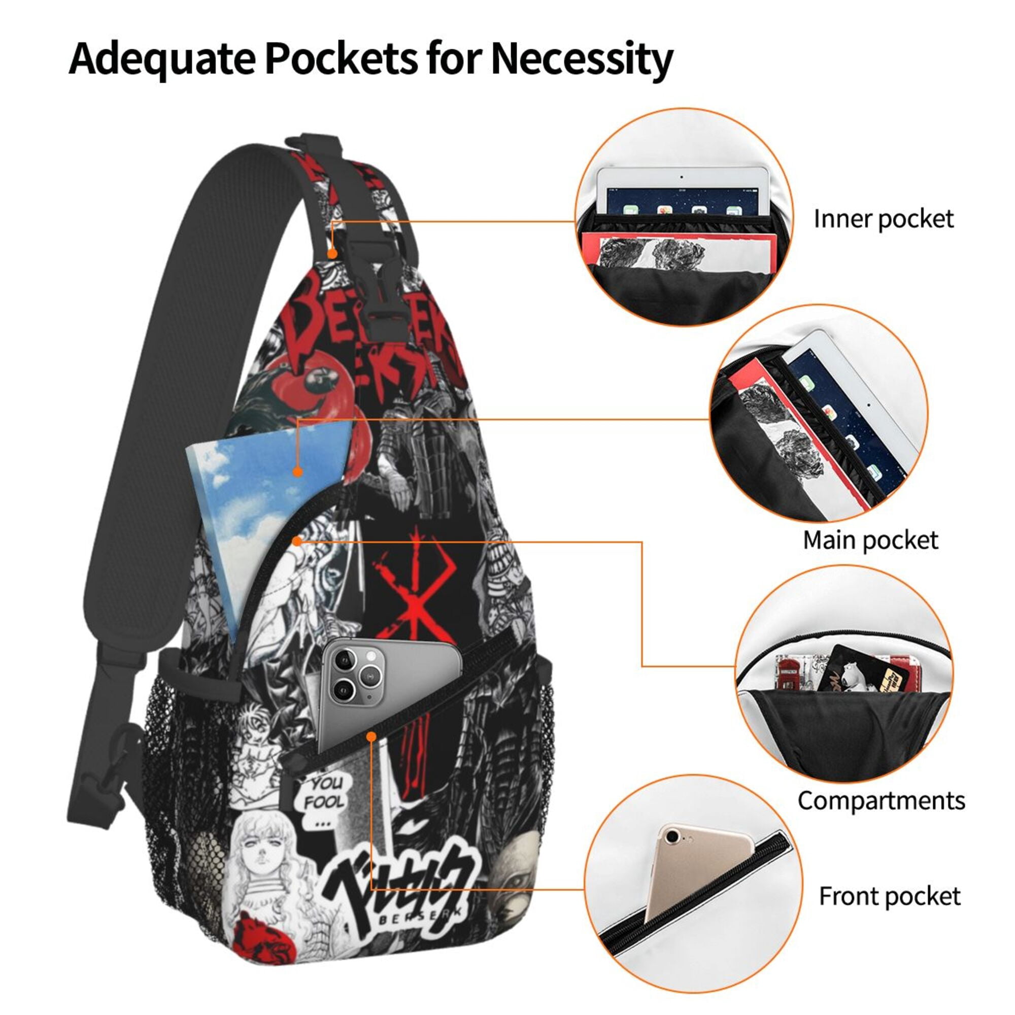 Anime Berserk Sling Backpack Crossbody Shoulder Bags for Men Women Small Daypacks Chest Bag Hiking Travel Sport Climbing Runners