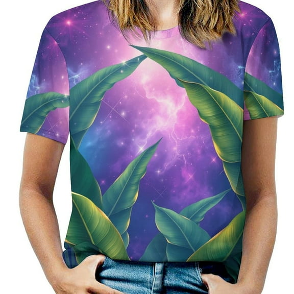 Palm Print T-Shirt O Neck Retro Print Big Size T-Shirts Short Sleeve Tees Womens Pretty Design