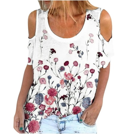 

Crop Tops for Women Fashion Woman Short Sleeve Printing Round Neck Leaky Shoulder Loose Casual Top Maternity Blouses Red XL