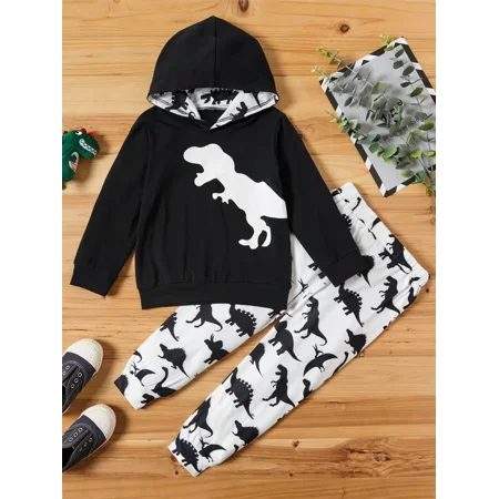 

GEDER-F1 Toddler Baby Boy‘s Black Hoodie Dinosaur Trousers Two-piece Set Autumn And Winter New
