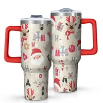 Beige Christmas Santa and Reindeer Pattern Tumbler with Handle and Lid,40oz Double Wall Vacuum Insulated Tumbler,Cups Gift for Women and Men