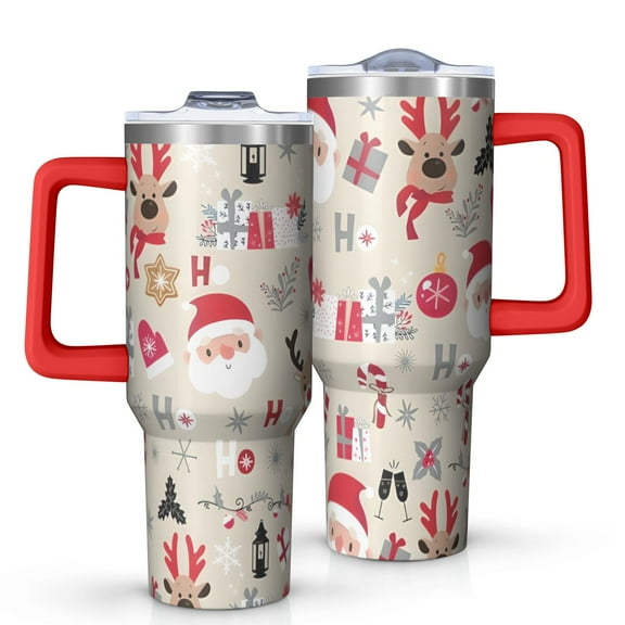 Beige Christmas Santa and Reindeer Pattern Tumbler with Handle and Lid,40oz Double Wall Vacuum Insulated Tumbler,Cups Gift for Women and Men