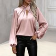 thumbnail image 2 of RYRJJ Womens Satin Silk Work Shirts Elegant Draped V Neck Dressy Casual Blouses Business Puff Long Sleeve Tunic Tops(Pink,L), 2 of 8