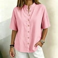 thumbnail image 2 of Zpanxa Womens Button Down Shirt Band Collar Short Sleeve Loose Fit Casual Solid Color Blouses for Summer, 2 of 9