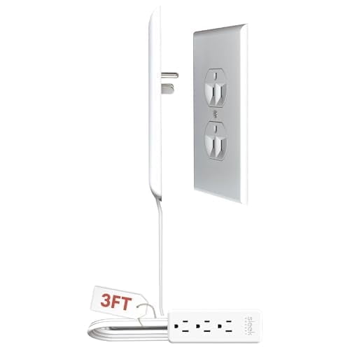 Sleek Socket Inverted Wall Outlet Concealer with 3 ft Flat Cord and 3 Outlets, Ultra Thin, White, 1 Pack