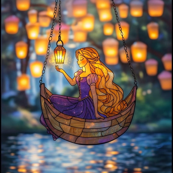 Tangled Princess Acrylic Suncatcher – Cartoon Character Faux Stained Glass Lantern Window Hanging Gift Birthday Gift
