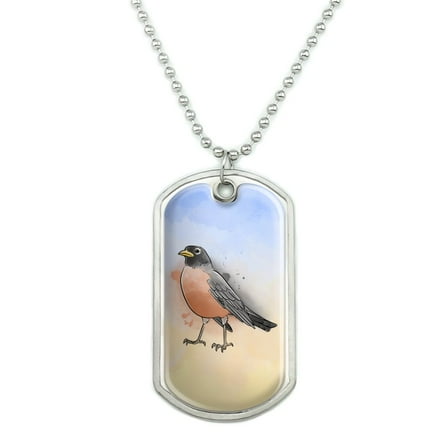 Robin Watercolor Northeastern Bird Military Dog Tag Pendant Necklace with Chain