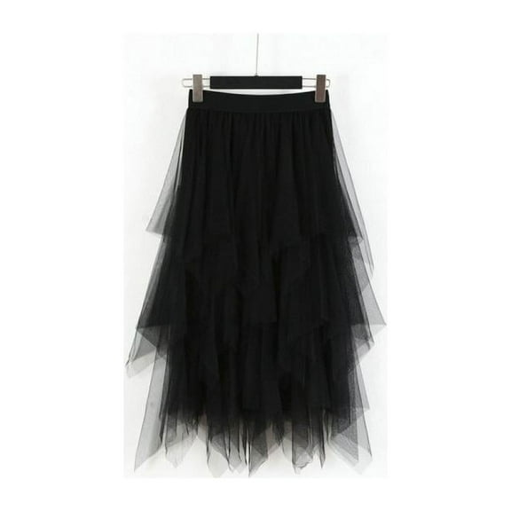 Women Ladies Tulle Mesh Skirt Elastic High Waist Layers Pleated Long Skirt Dress