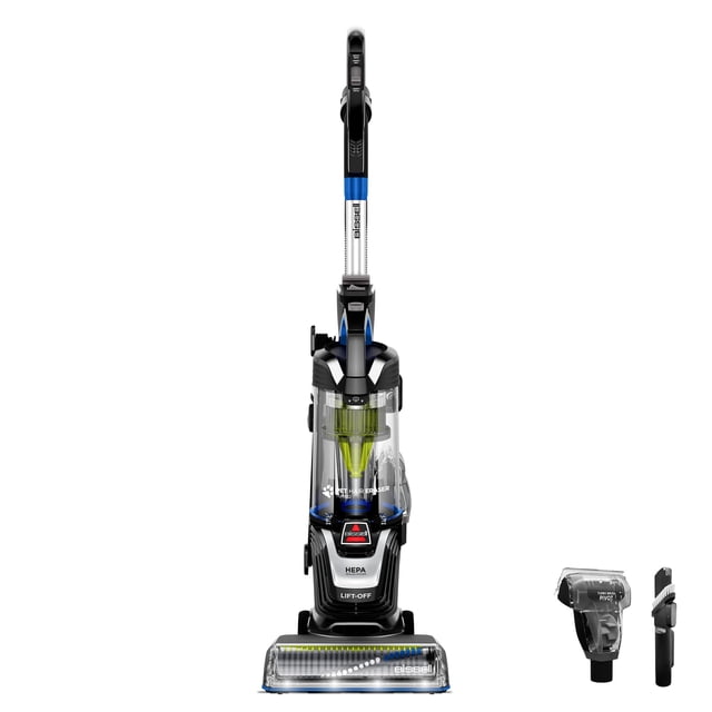 aspiradora bissell pet hair eraser turbo lift-off 3774f Aspiradora vertical negra, vista frontal centrada con cápsula desmontable y filtro HEPA visible, tubo metálico con acento azul, cabezal con rollo de cepillo autolimpiante y luz LED; incluye TurboBrush giratorio y herramienta 2 en1 para hendiduras y polvo, a menudo usada para recoger pelo de mascotas en hogares.