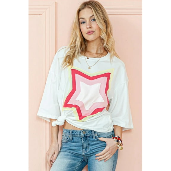 Colorblock Star Patched Half Sleeve Oversized Tee