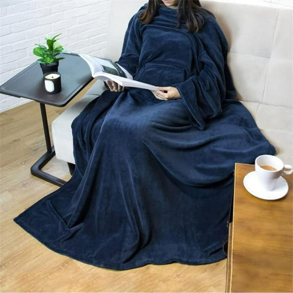 PATLOLLAV Blue Body Sleeve Blanket,Wearable Blanket with Sleeves and Pocket, Cozy Soft Fleece Mink Micro Plush Wrap Throws Blanket Robe for Women and Men,59.10x70.87inch