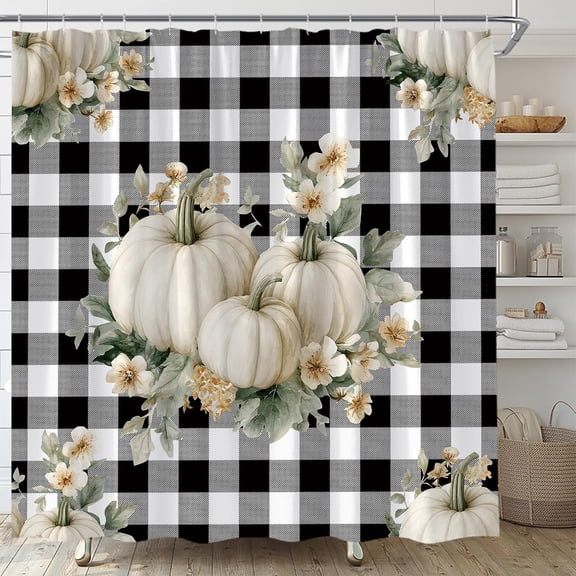 Fall Pumpkin Shower Curtain, Autumn Harvest Black White Buffalo Check Waterproof Bathroom Curtain with Hooks, Farmhouse Thanksgiving Decor 36"W x 72"H